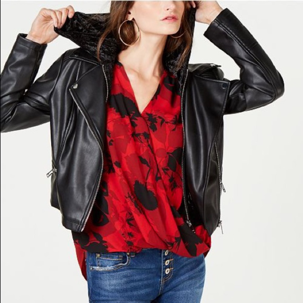 INC International Faux Leather Moto Jacket Black